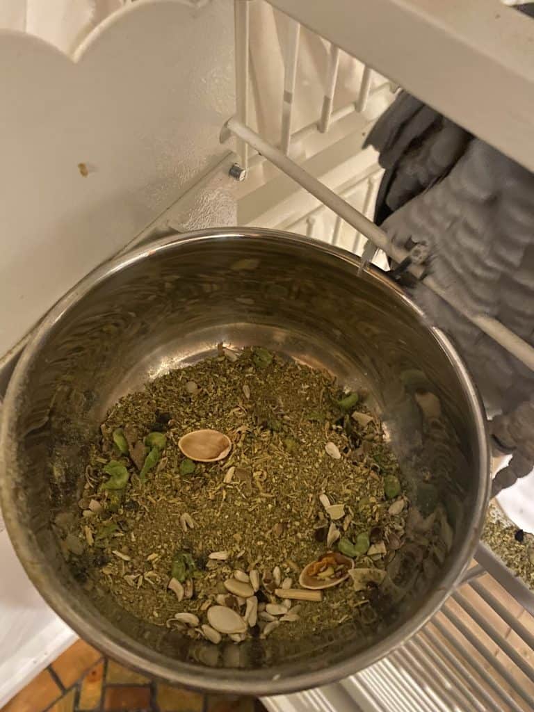 pellets in a parrot food bowl